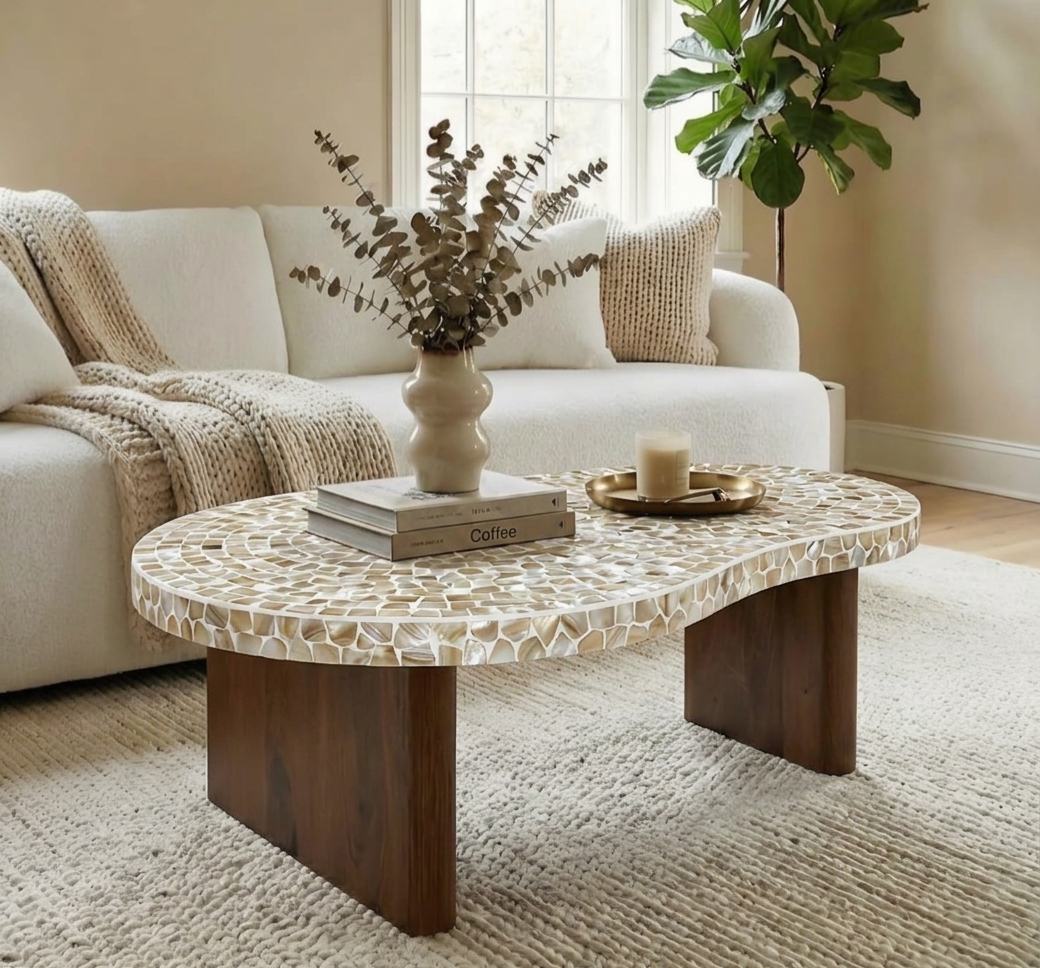 White Mother of Pearl Coffee Table with Wooden Legs