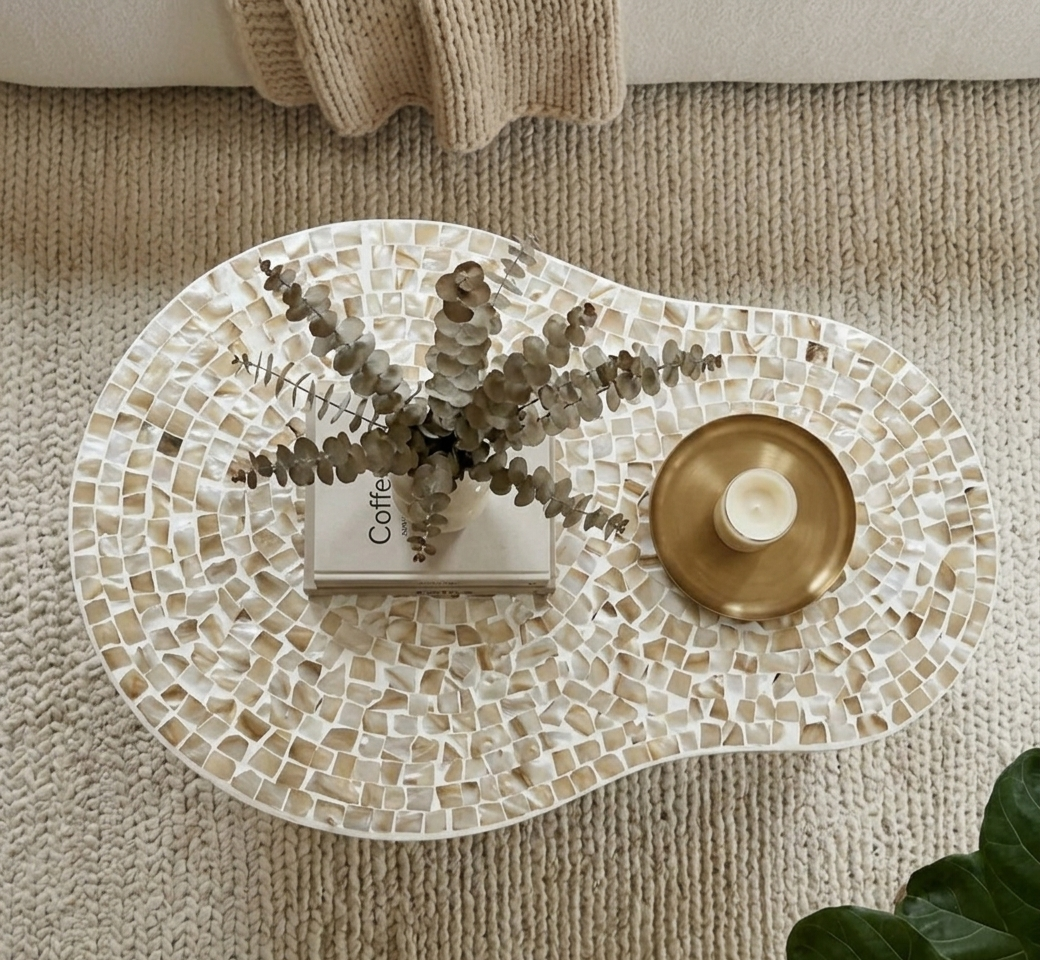 White Mother of Pearl Coffee Table with Wooden Legs