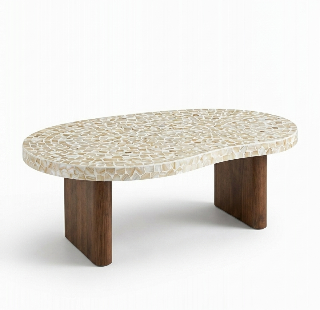 White Mother of Pearl Coffee Table with Wooden Legs