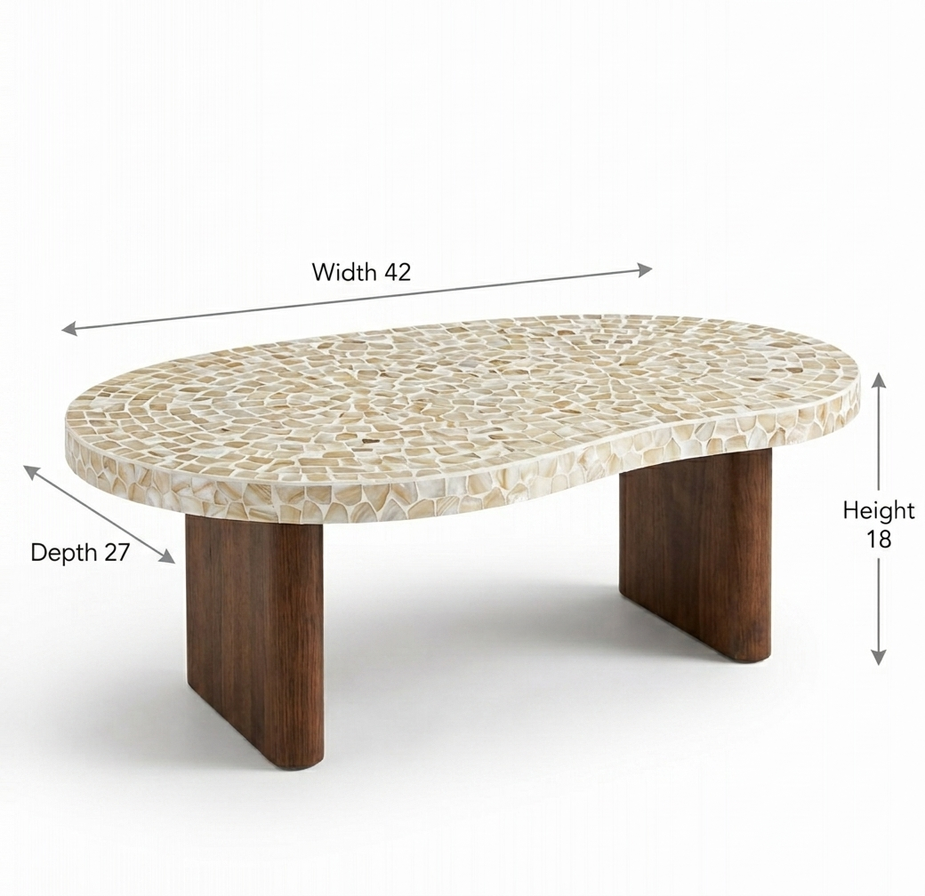 White Mother of Pearl Coffee Table with Wooden Legs
