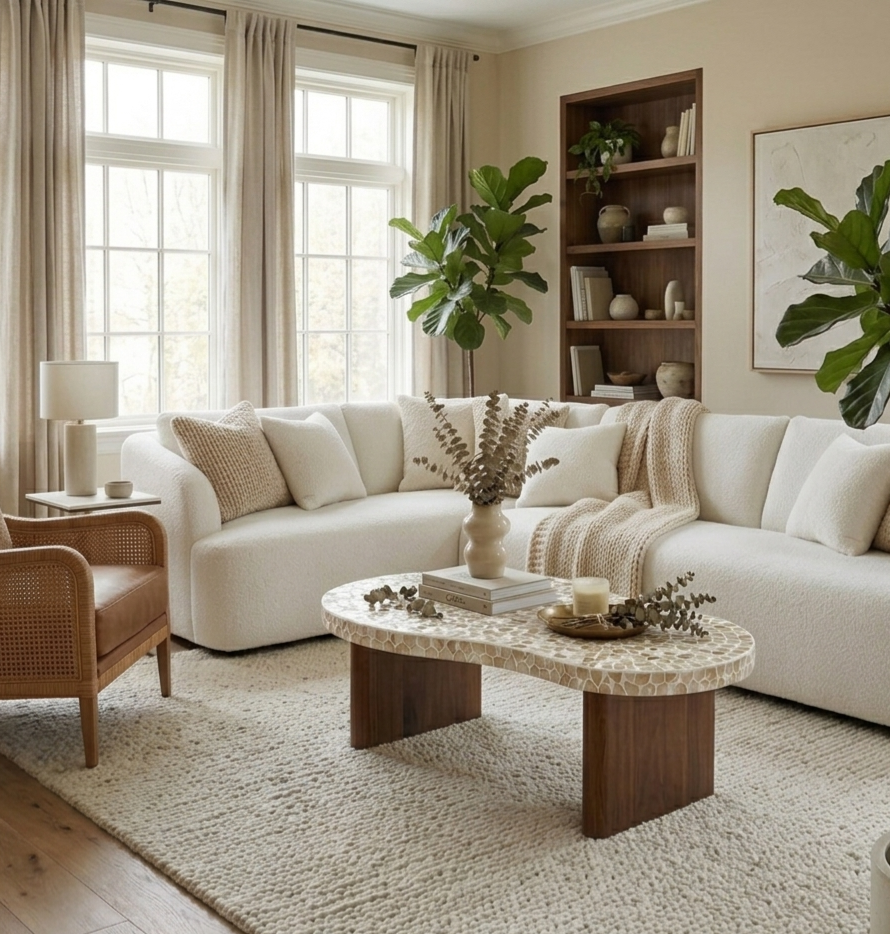 White Mother of Pearl Coffee Table with Wooden Legs