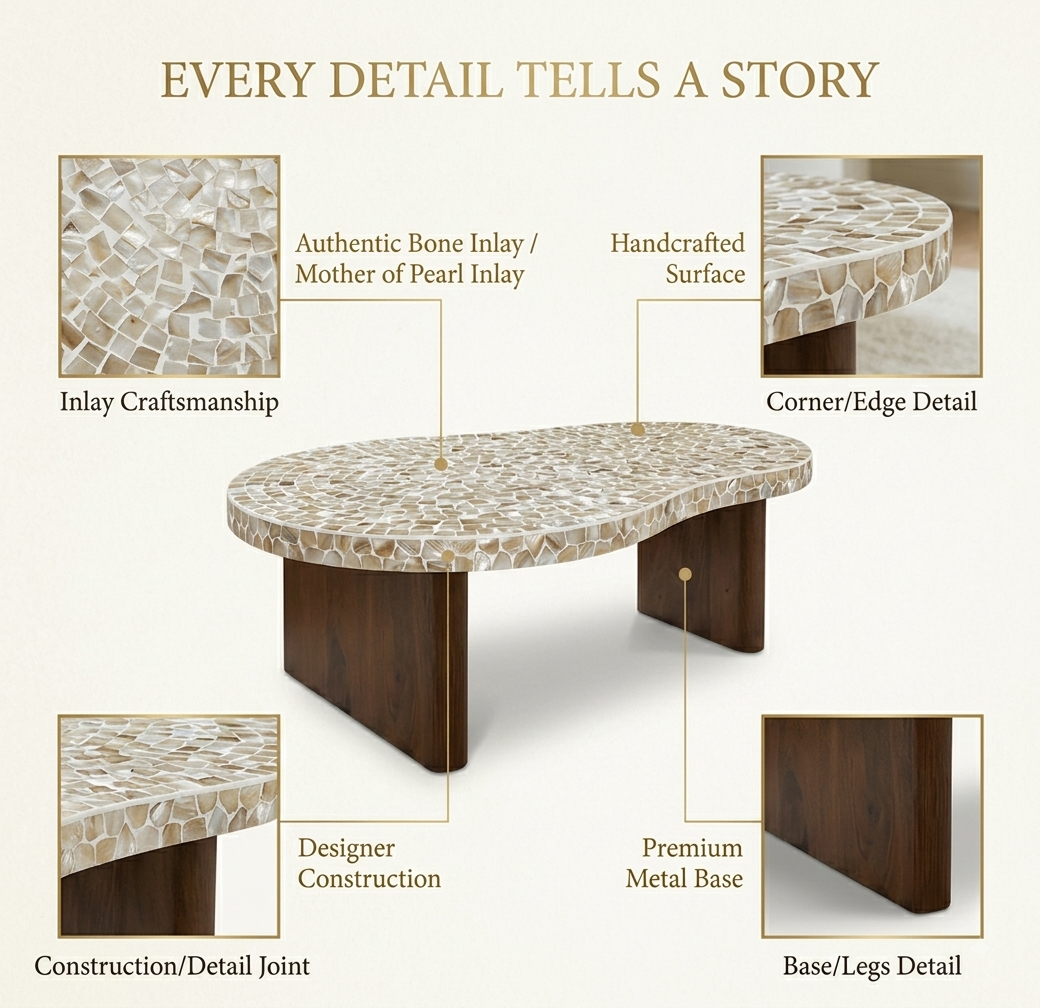 White Mother of Pearl Coffee Table with Wooden Legs