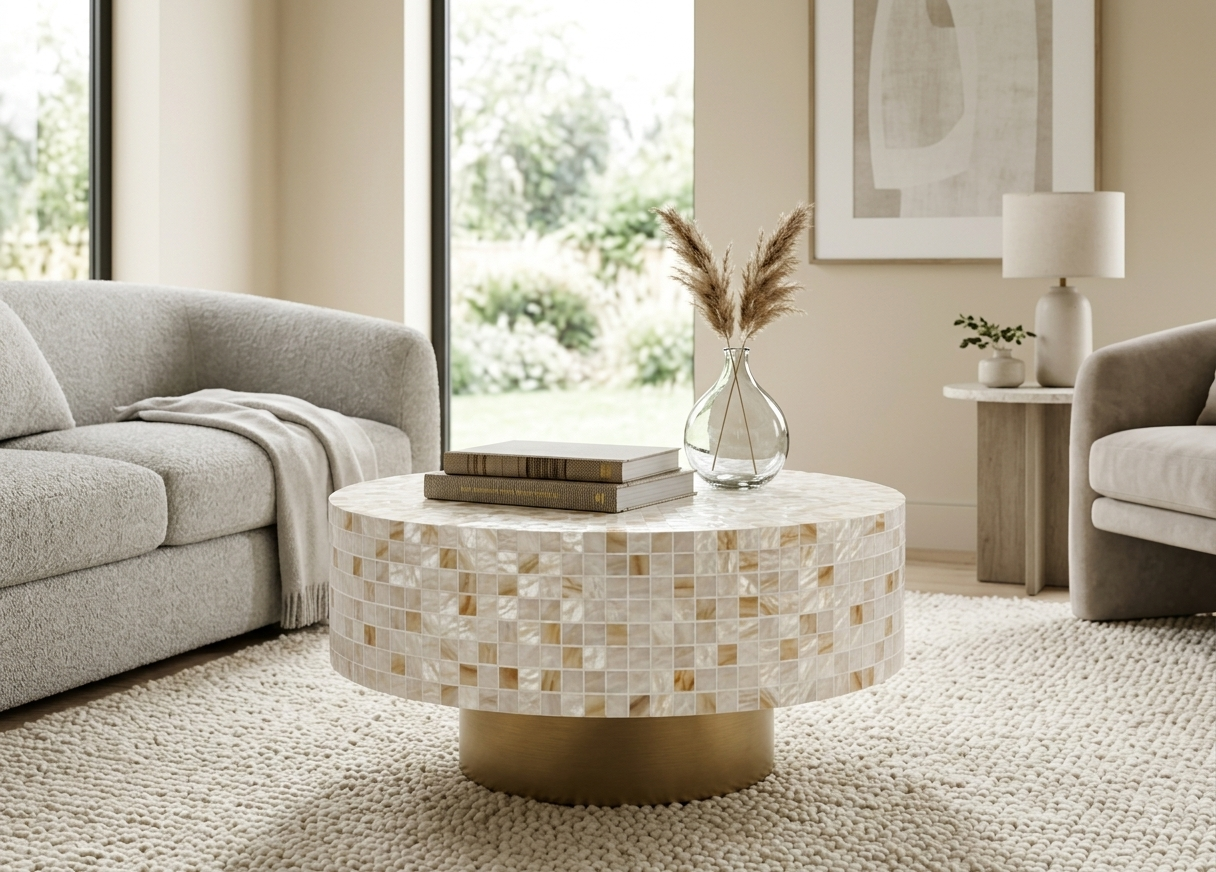 Mother of Pearl Inlay Round Coffee Table with Golden Brass Base – Custom Size & Color