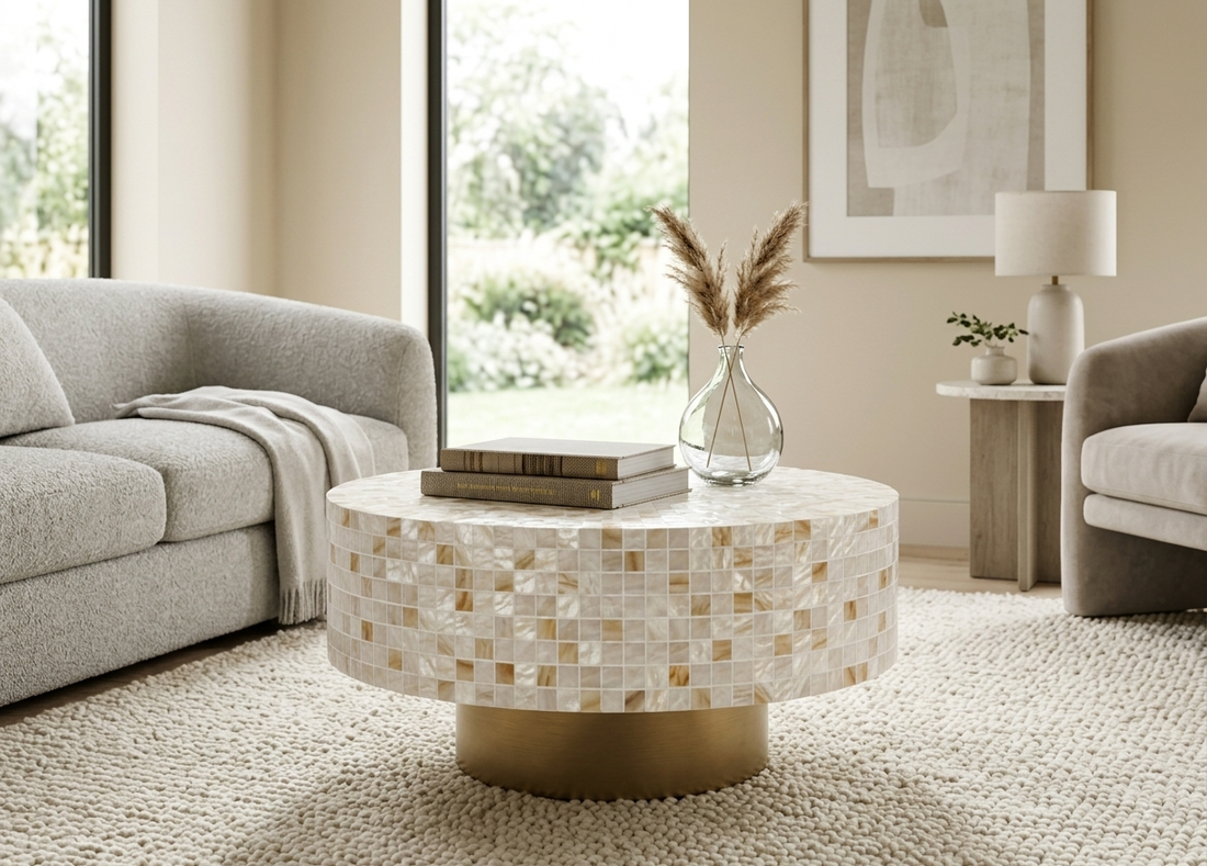 Mother of Pearl Inlay Round Coffee Table with Golden Brass Base – Custom Size & Color