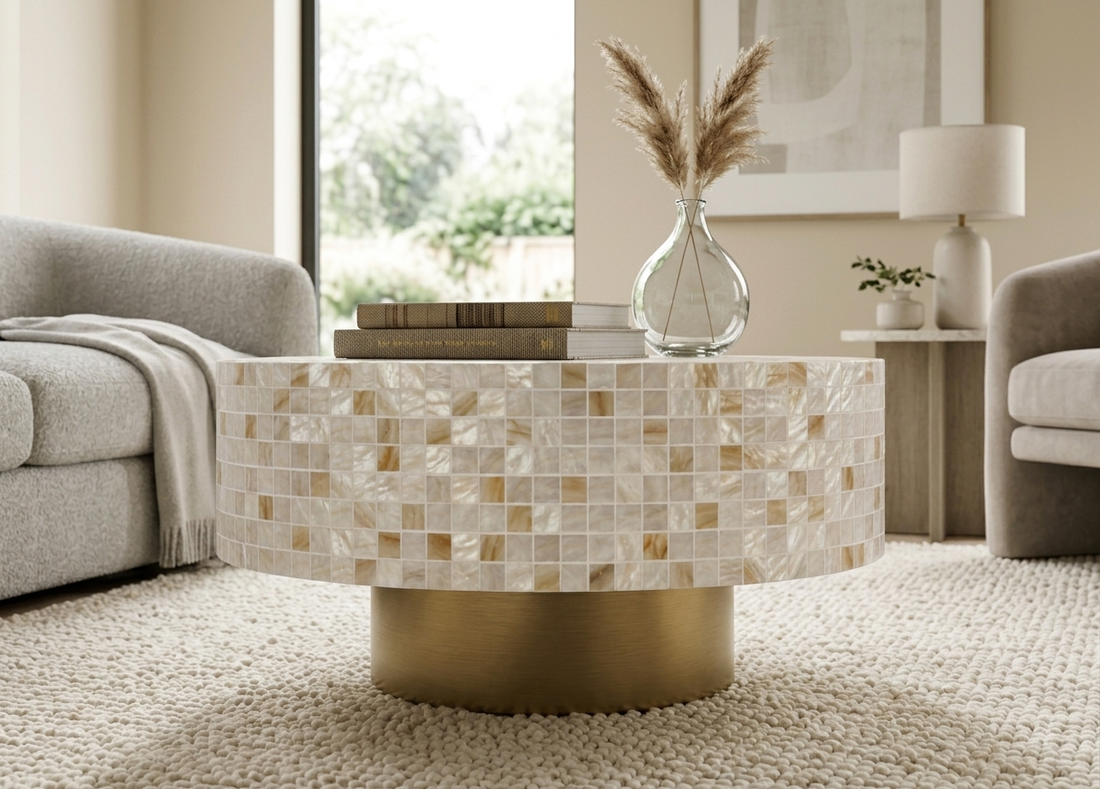 Mother of Pearl Inlay Round Coffee Table with Golden Brass Base – Custom Size & Color