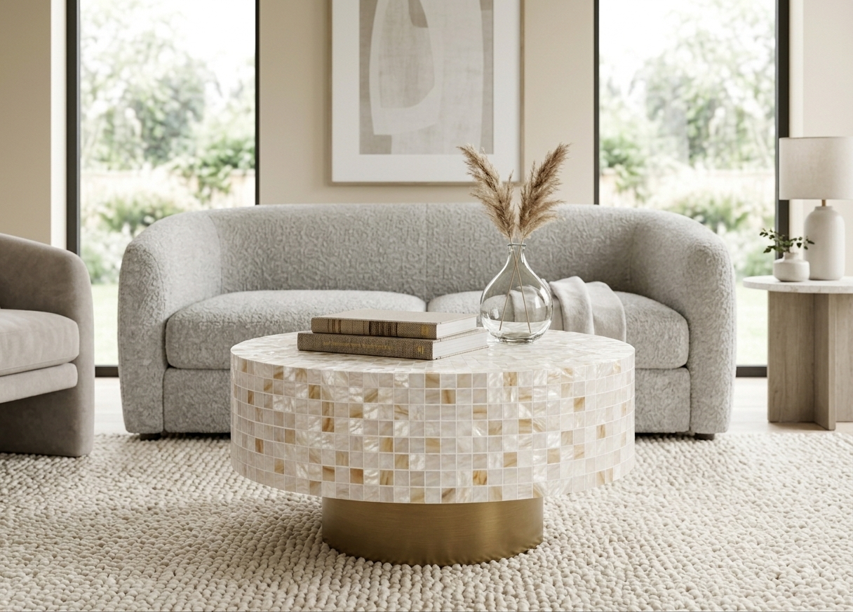 Mother of Pearl Inlay Round Coffee Table with Golden Brass Base – Custom Size & Color