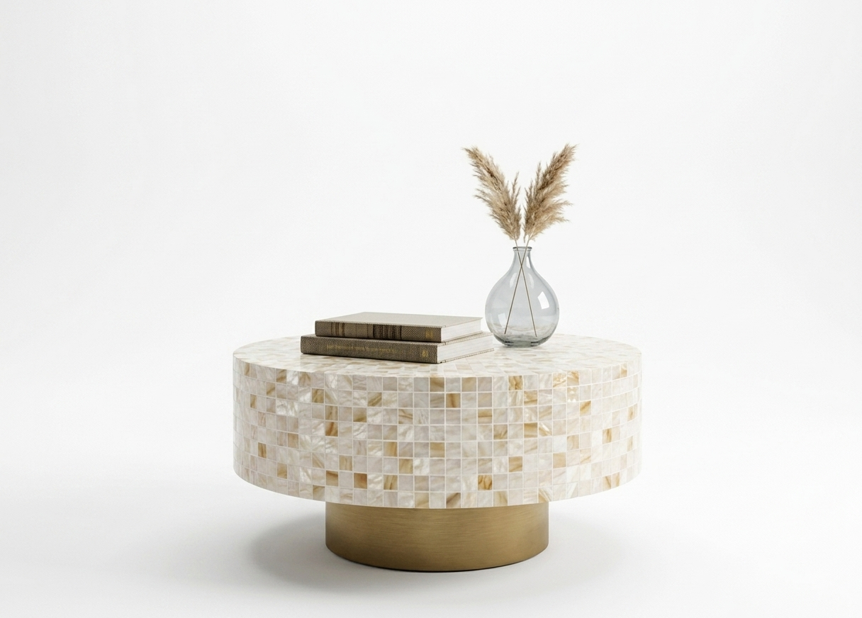 Mother of Pearl Inlay Round Coffee Table with Golden Brass Base – Custom Size & Color
