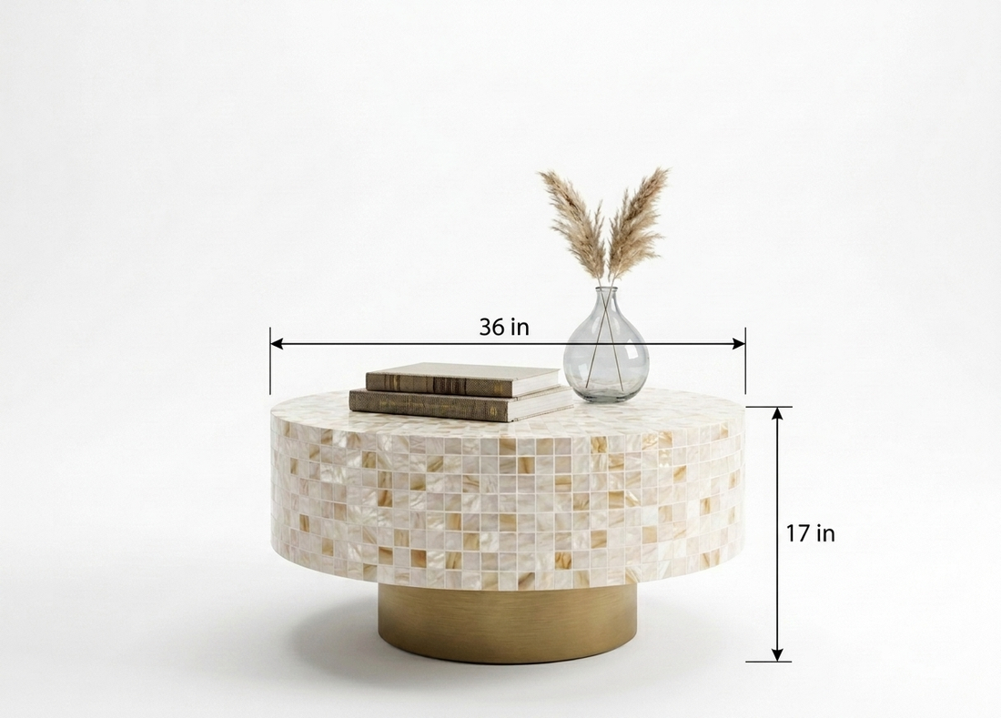 Mother of Pearl Inlay Round Coffee Table with Golden Brass Base – Custom Size & Color