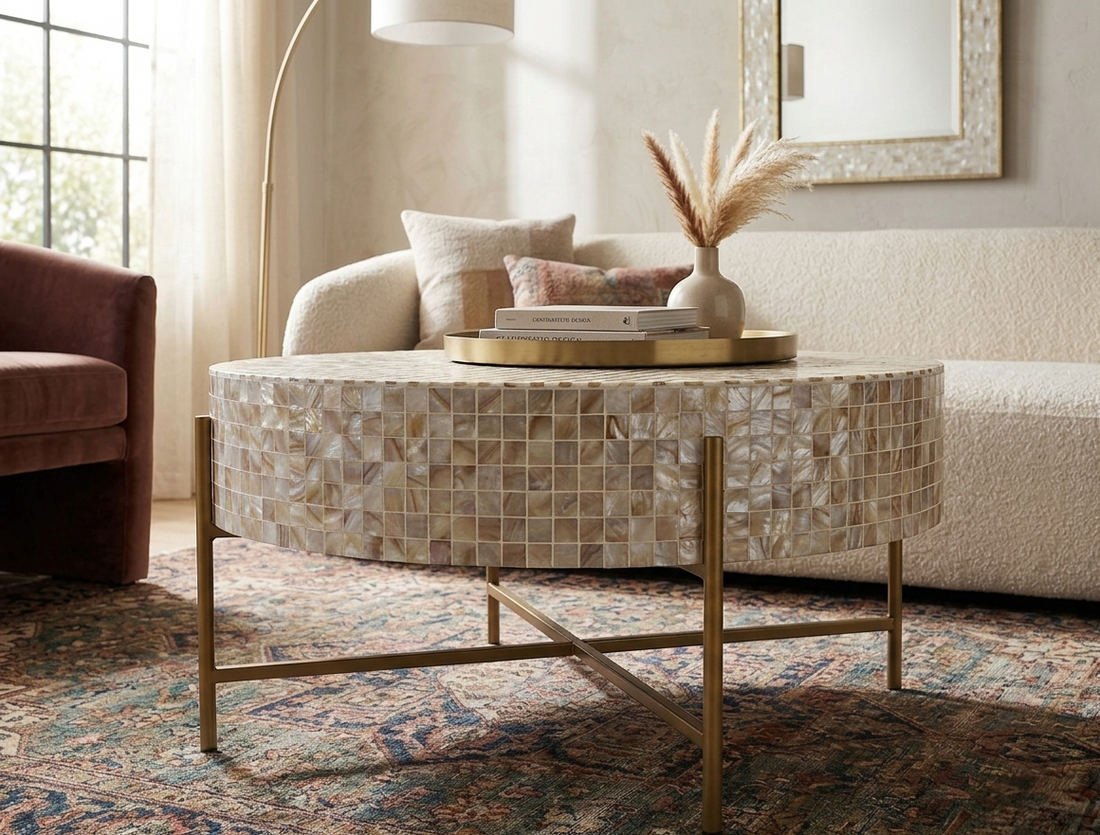 Mother of Pearl Inlay Round Coffee Table, Luxury Handmade Mosaic Coffee Table