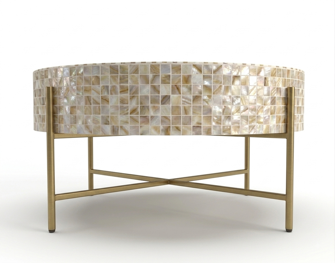 Mother of Pearl Inlay Round Coffee Table, Luxury Handmade Mosaic Coffee Table