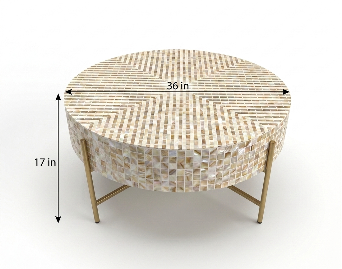 Mother of Pearl Inlay Round Coffee Table, Luxury Handmade Mosaic Coffee Table