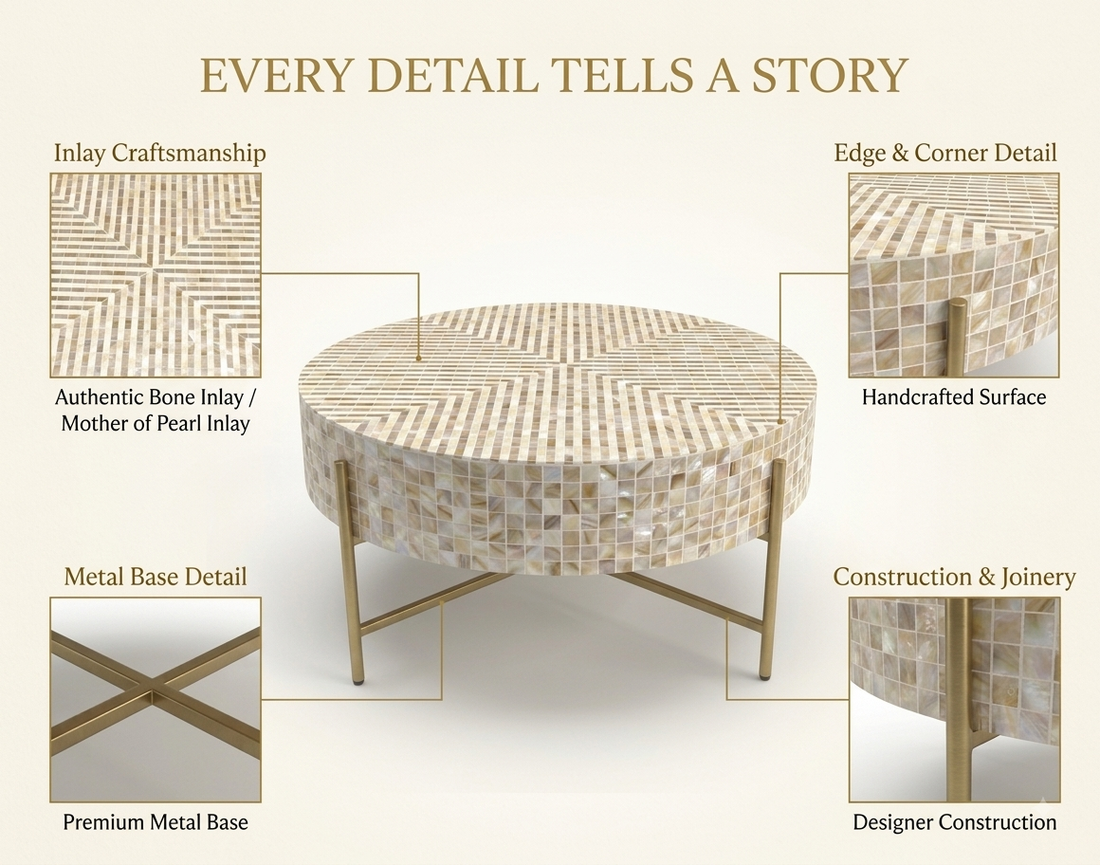 Mother of Pearl Inlay Round Coffee Table, Luxury Handmade Mosaic Coffee Table