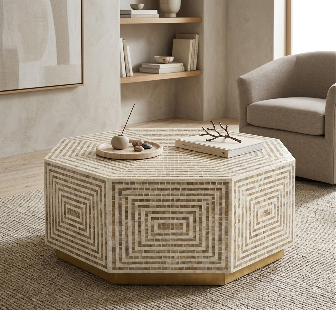 Mother of Pearl Inlay White Hexagonal Coffee Table with Golden Brass Base