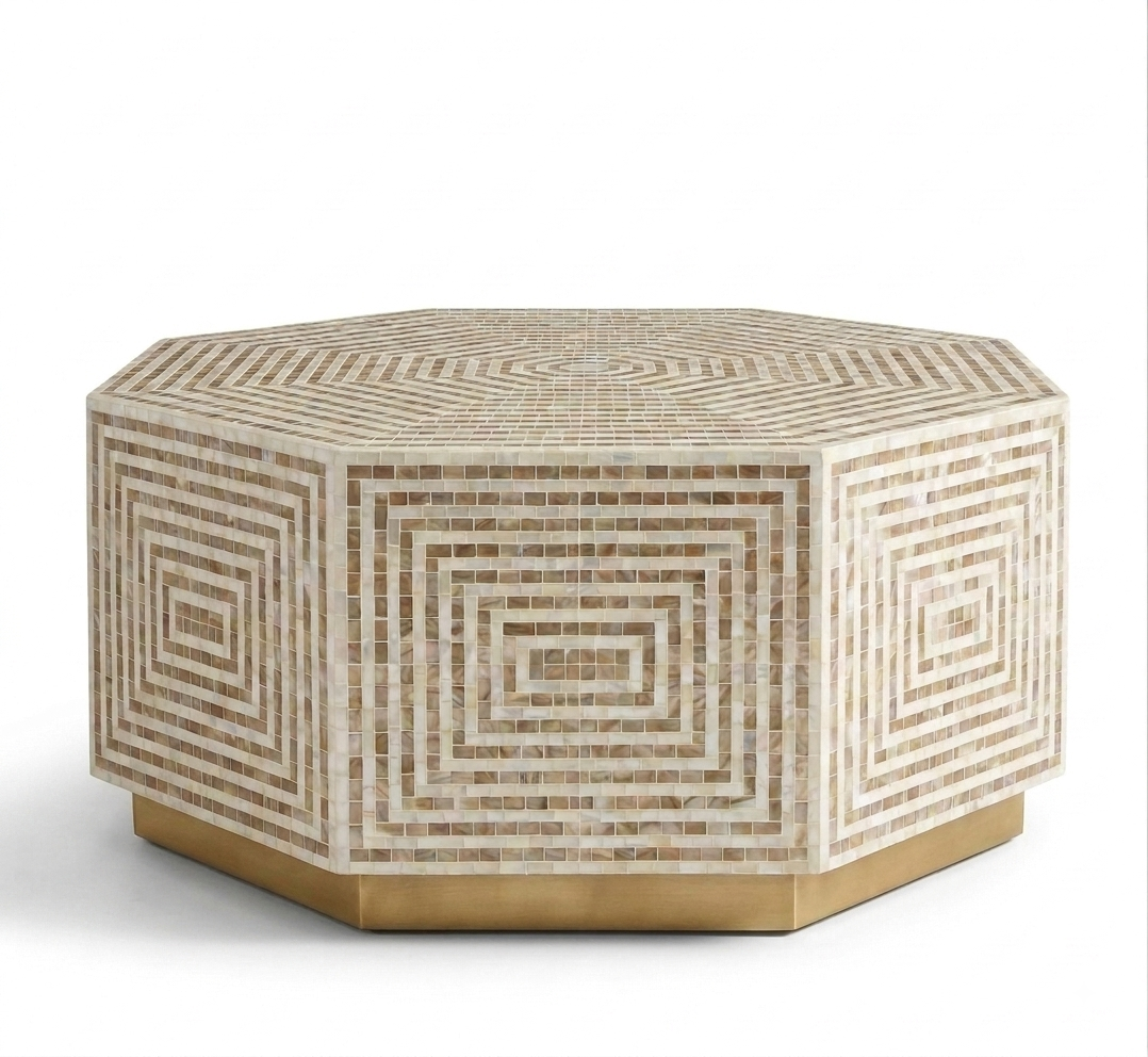 Mother of Pearl Inlay White Hexagonal Coffee Table with Golden Brass Base