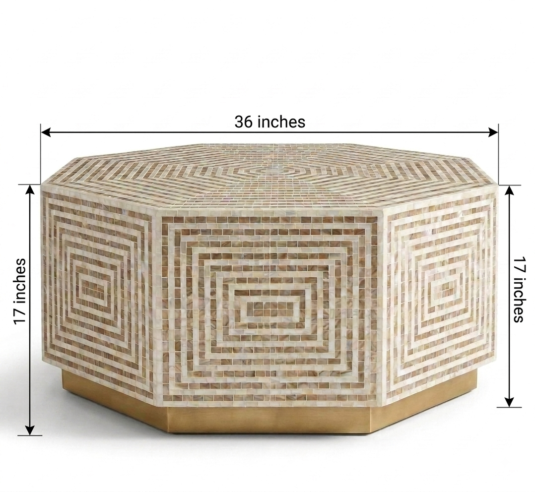 Mother of Pearl Inlay White Hexagonal Coffee Table with Golden Brass Base