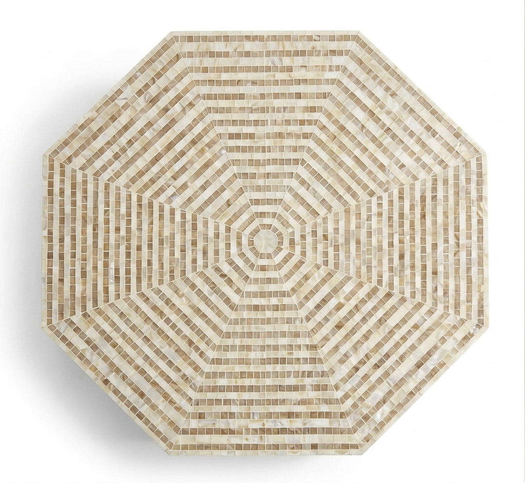 Mother of Pearl Inlay White Hexagonal Coffee Table with Golden Brass Base
