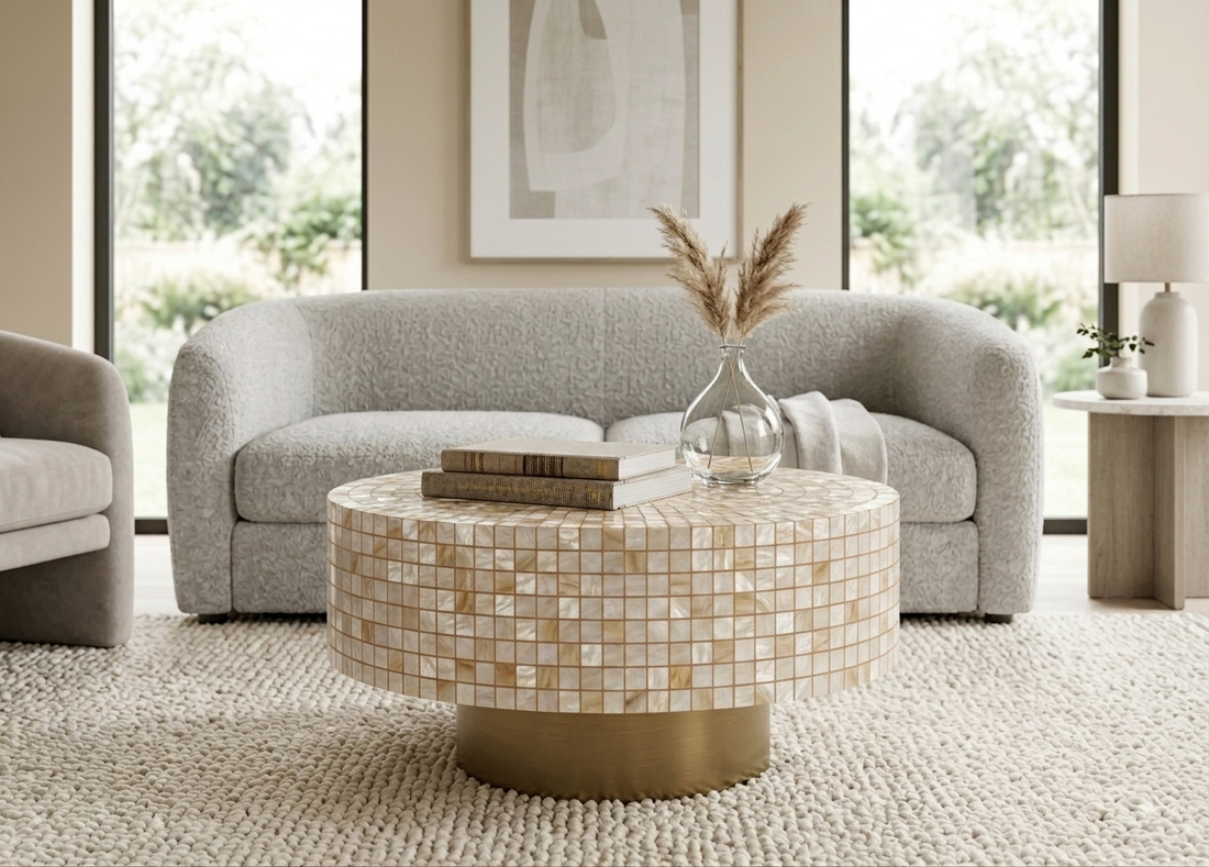 Mother of Pearl Inlay Round Coffee Table with Golden Brass Base – Custom Size & Color