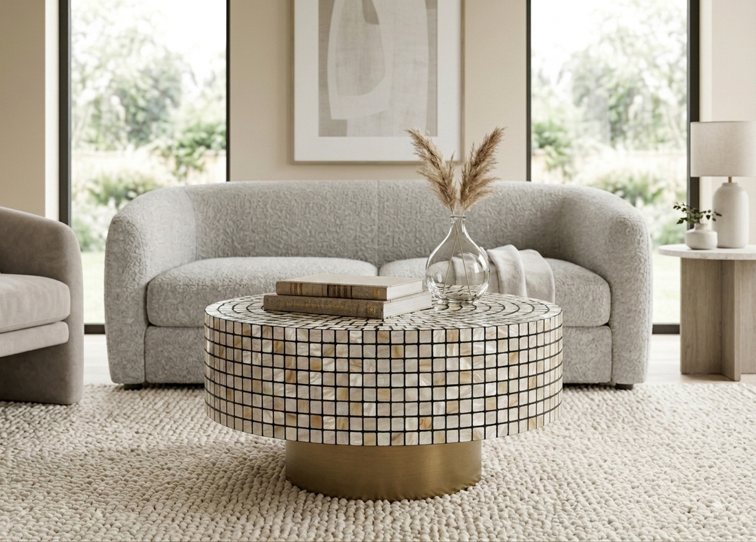 Mother of Pearl Inlay Round Coffee Table with Golden Brass Base – Custom Size & Color