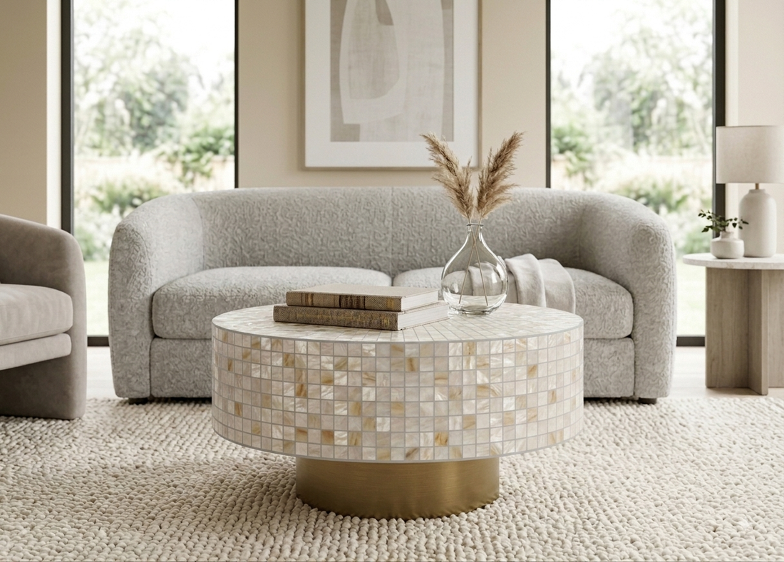 Mother of Pearl Inlay Round Coffee Table with Golden Brass Base – Custom Size & Color