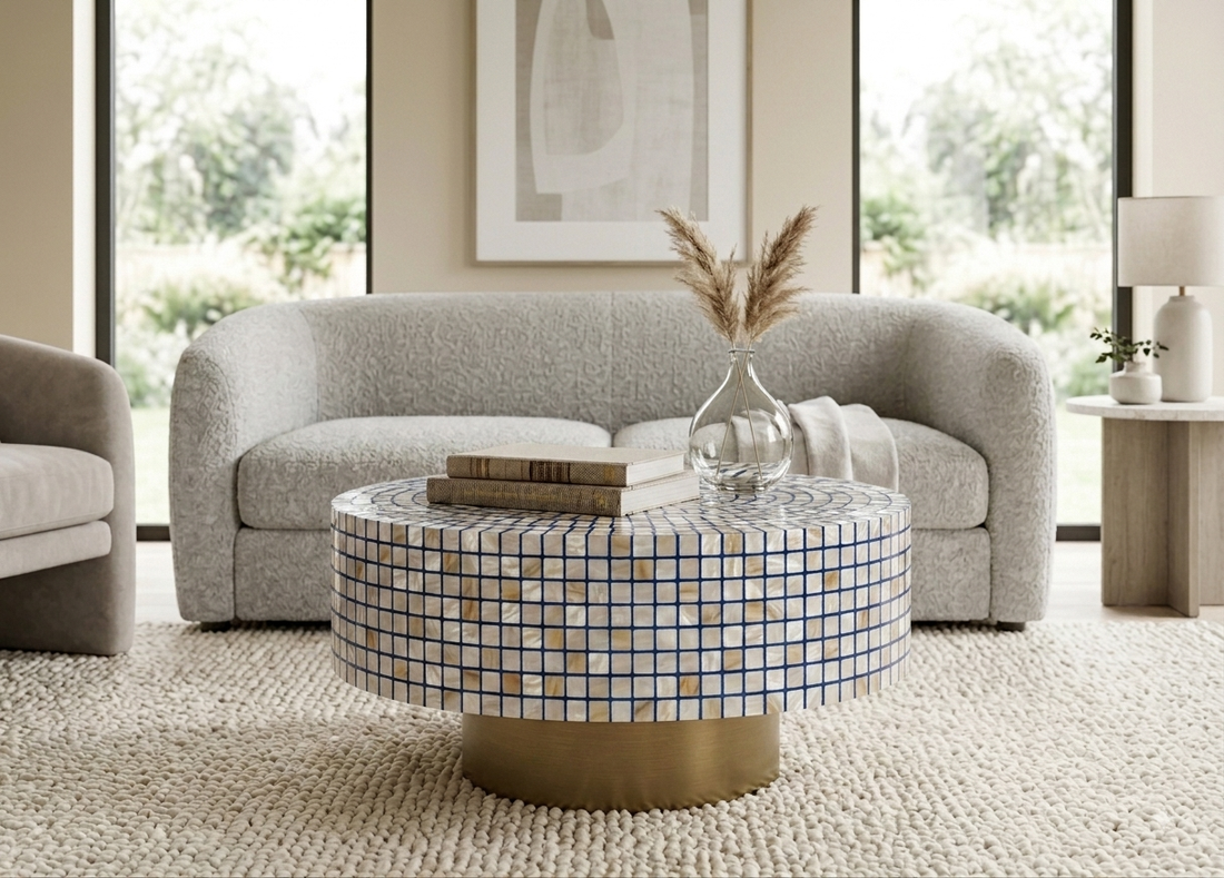 Mother of Pearl Inlay Round Coffee Table with Golden Brass Base – Custom Size & Color
