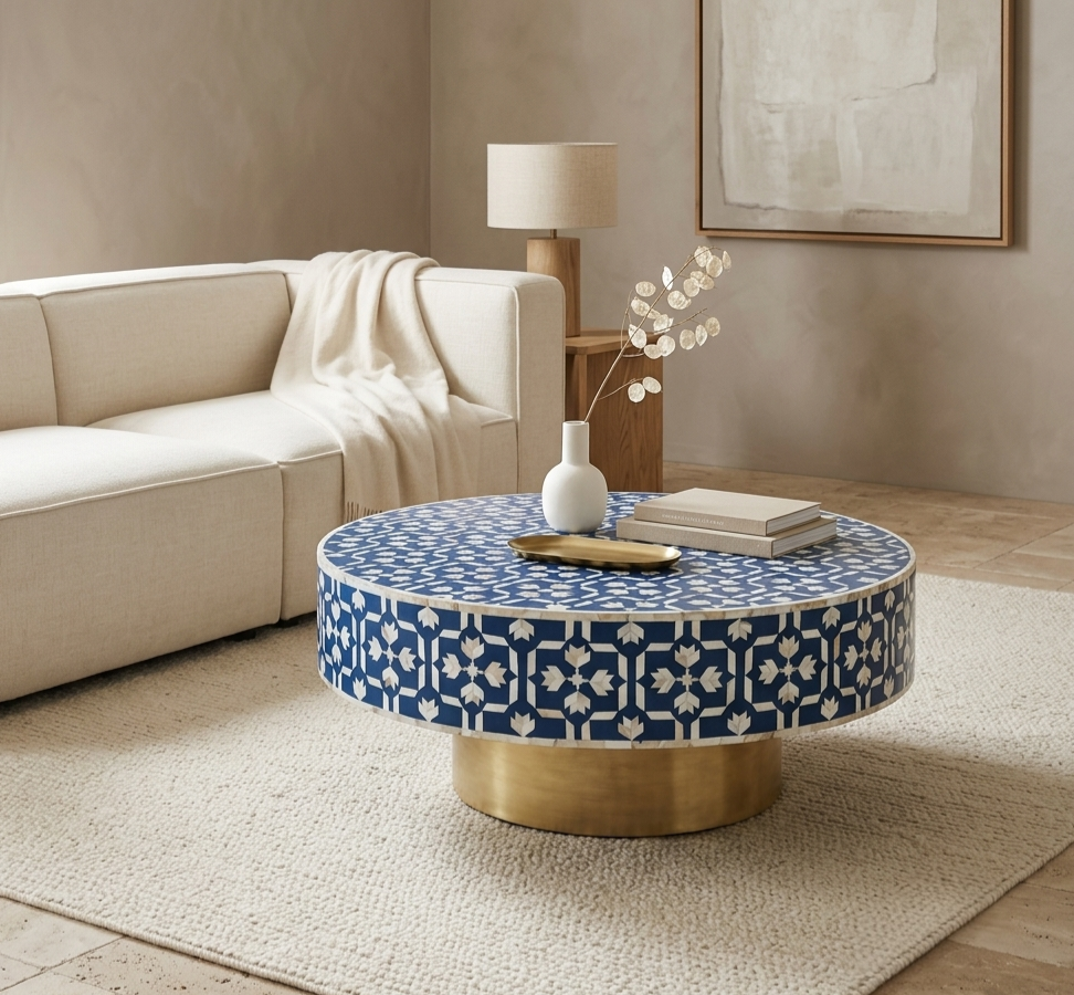 Blue Mother of Pearl Inlay Round Coffee Table with Brass Base