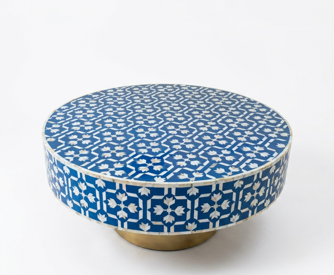 Blue Mother of Pearl Inlay Round Coffee Table with Brass Base