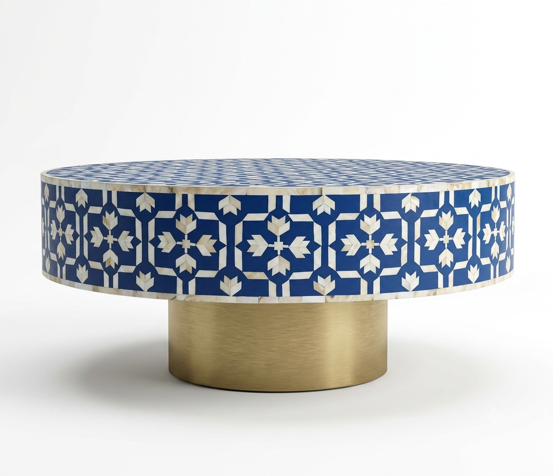 Blue Mother of Pearl Inlay Round Coffee Table with Brass Base