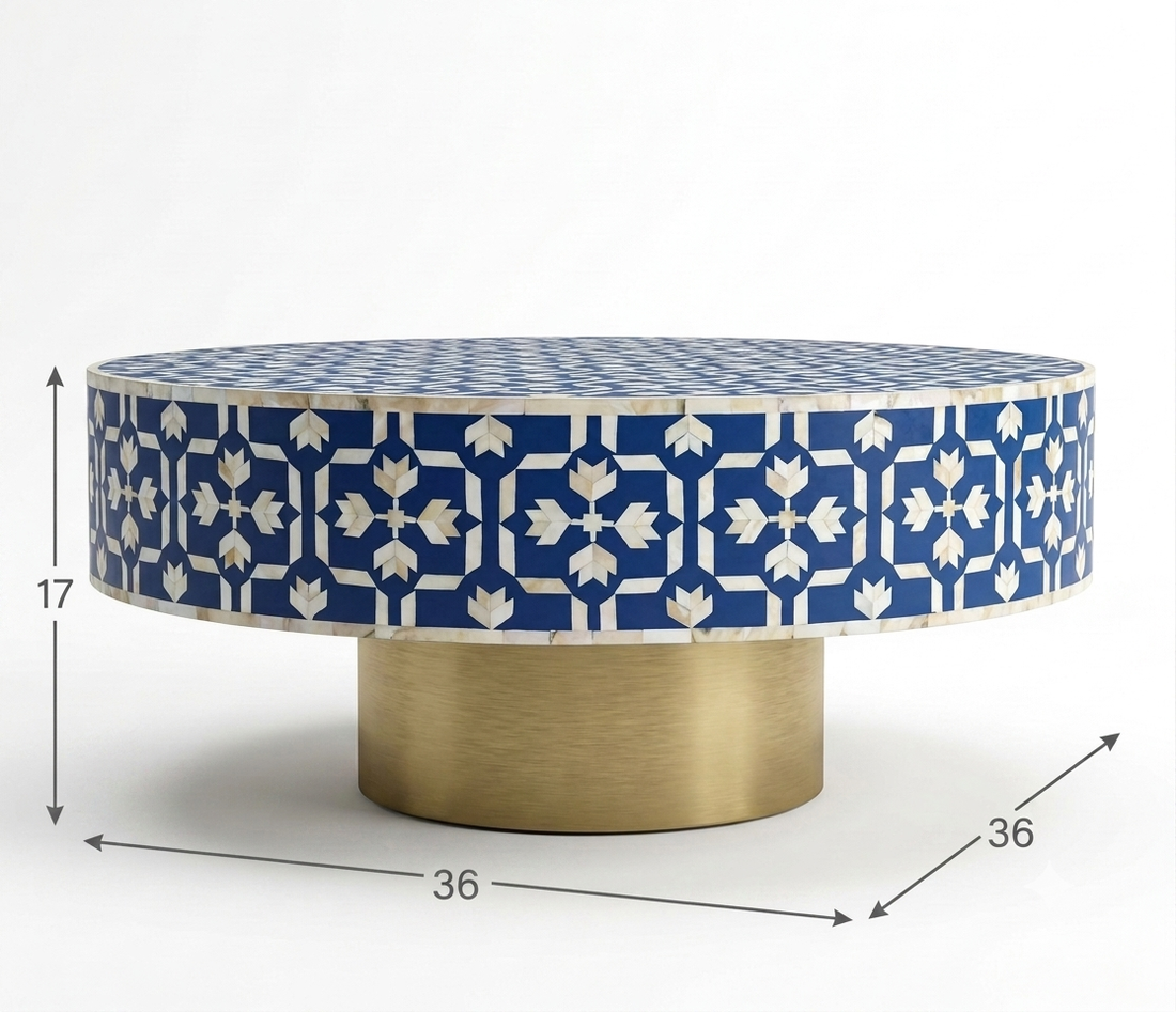 Blue Mother of Pearl Inlay Round Coffee Table with Brass Base