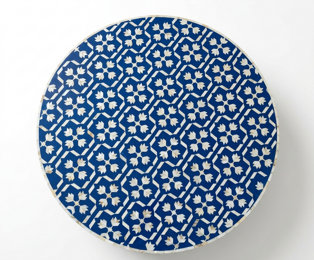 Blue Mother of Pearl Inlay Round Coffee Table with Brass Base