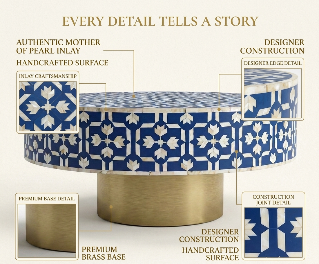 Blue Mother of Pearl Inlay Round Coffee Table with Brass Base