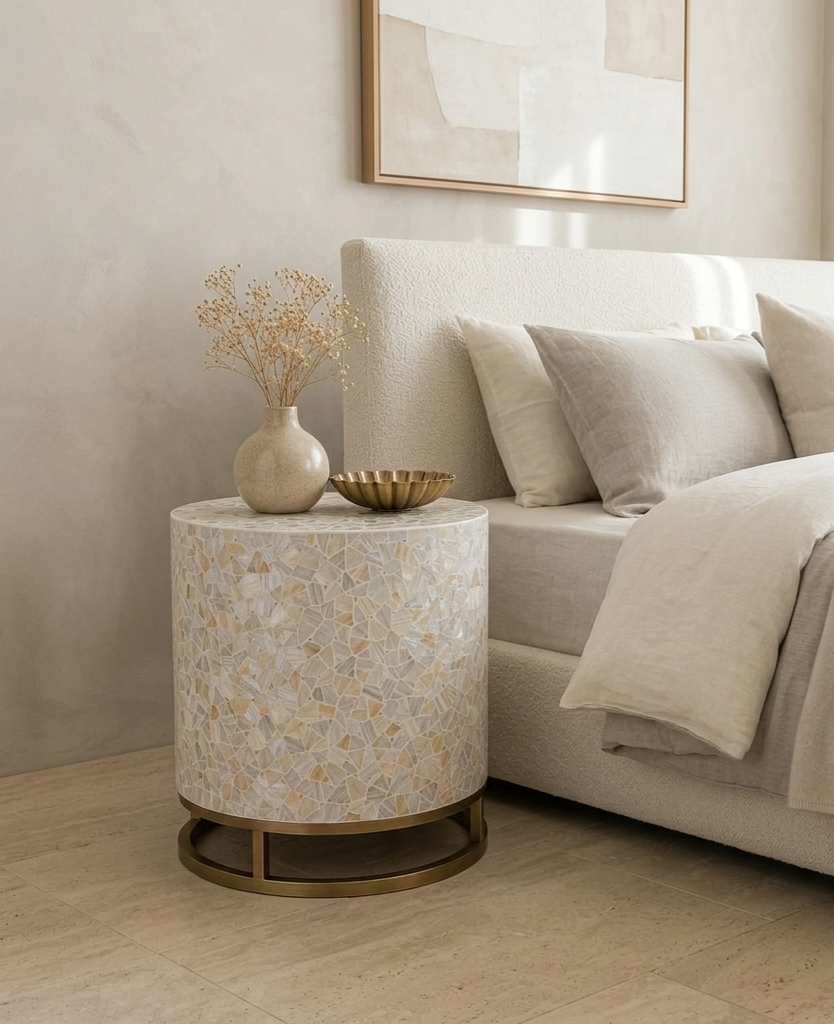 Mother of Pearl Inlay Round Side Table, Luxury Accent Table with Golden Powder Coated Stand