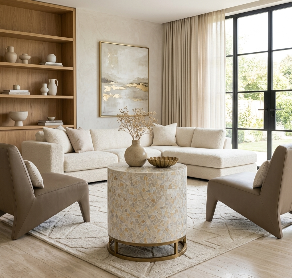 Mother of Pearl Inlay Round Side Table, Luxury Accent Table with Golden Powder Coated Stand