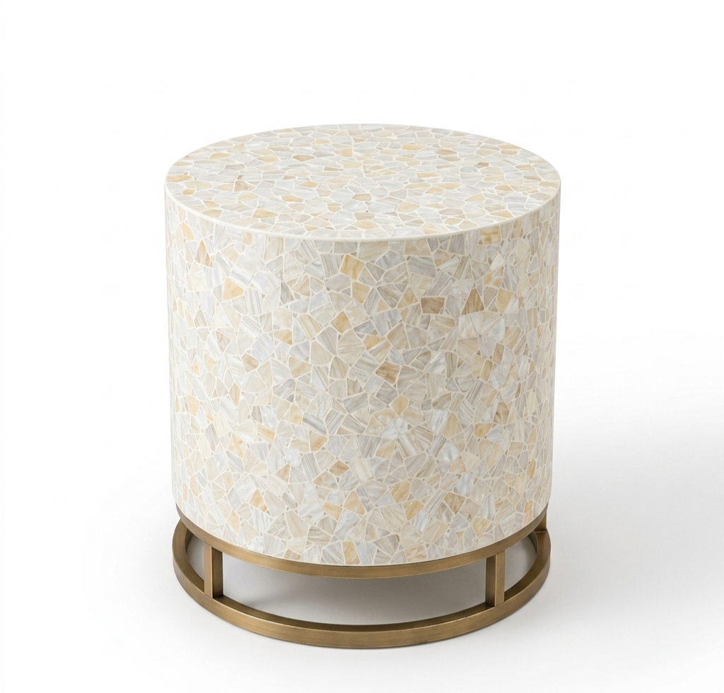 Mother of Pearl Inlay Round Side Table, Luxury Accent Table with Golden Powder Coated Stand