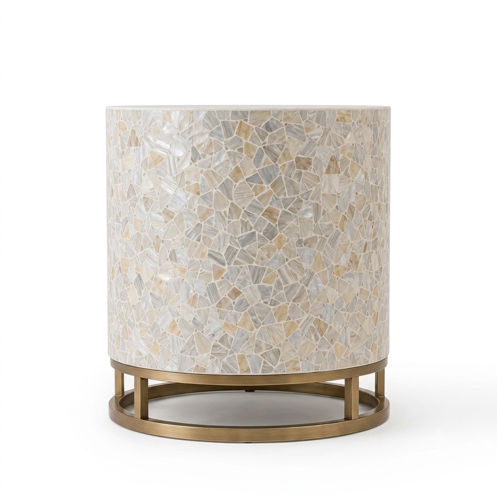 Mother of Pearl Inlay Round Side Table, Luxury Accent Table with Golden Powder Coated Stand