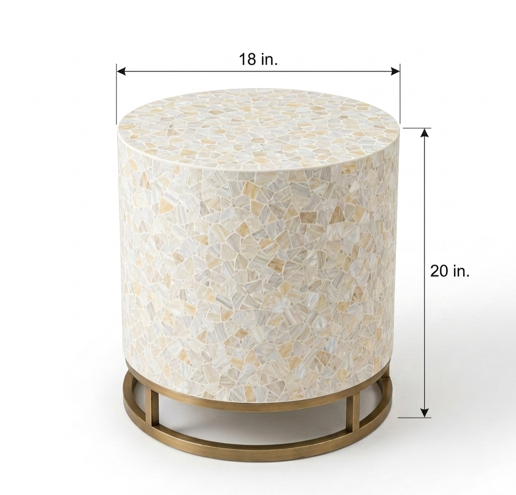 Mother of Pearl Inlay Round Side Table, Luxury Accent Table with Golden Powder Coated Stand