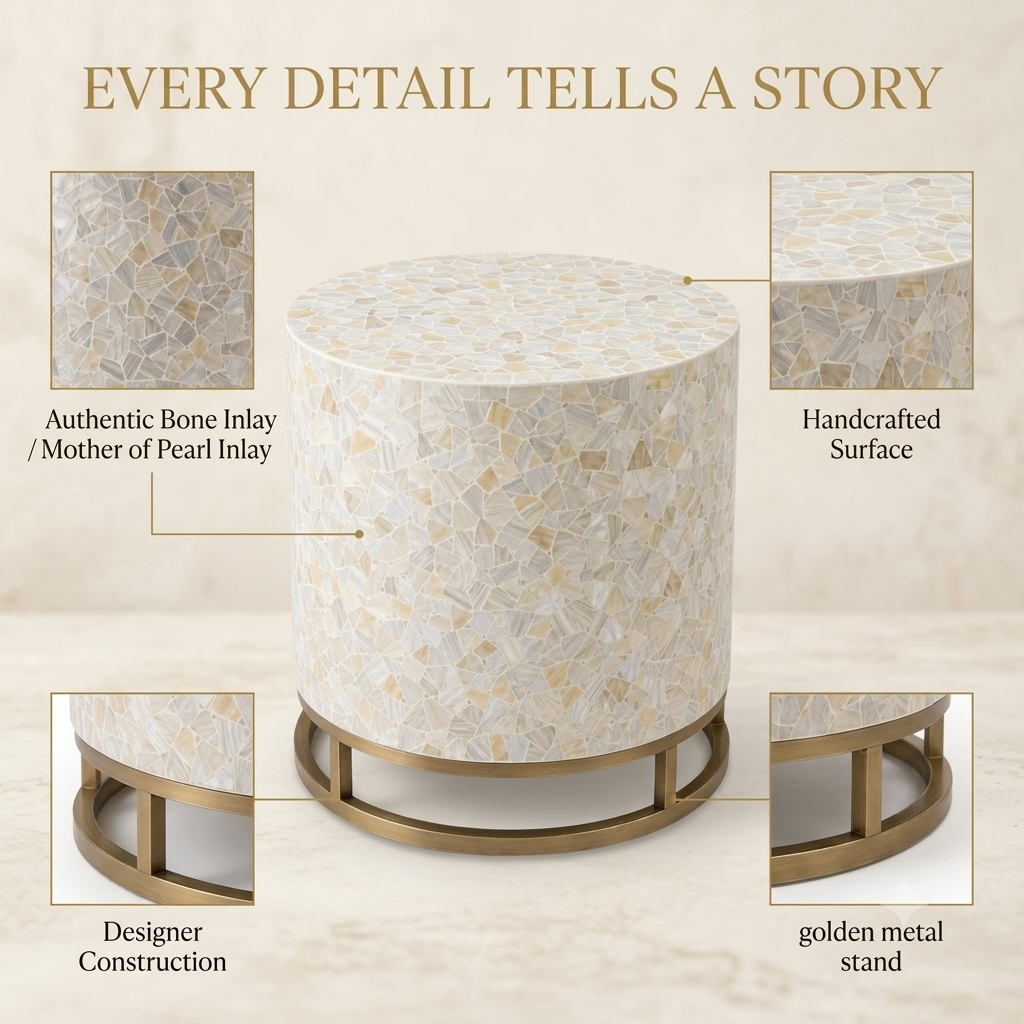Mother of Pearl Inlay Round Side Table, Luxury Accent Table with Golden Powder Coated Stand
