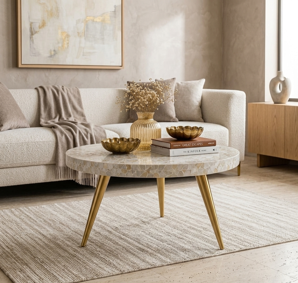 coffee tableRound Mother of Pearl Inlay Coffee Table, Handmade Luxury Accent Table with Gold Metal Legs