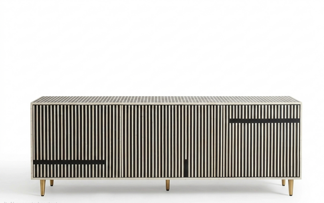 Black & White Bone Inlay 3 Door TV Unit Media Cabinet