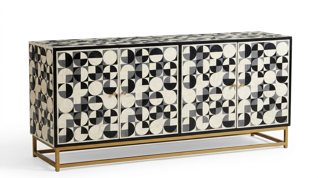 3 Color Bone Inlay 4 Door TV Unit Media Cabinet