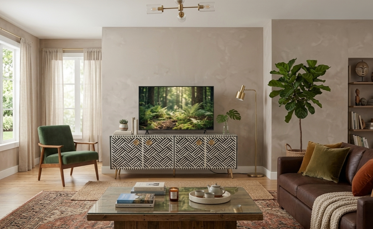 Black Bone Inlay Optical Design 4 Door TV Unit Media Cabinet