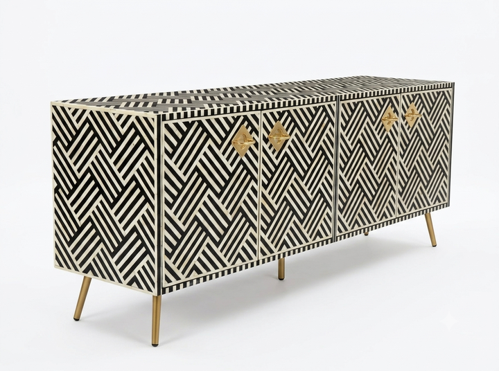 Black Bone Inlay Optical Design 4 Door TV Unit Media Cabinet