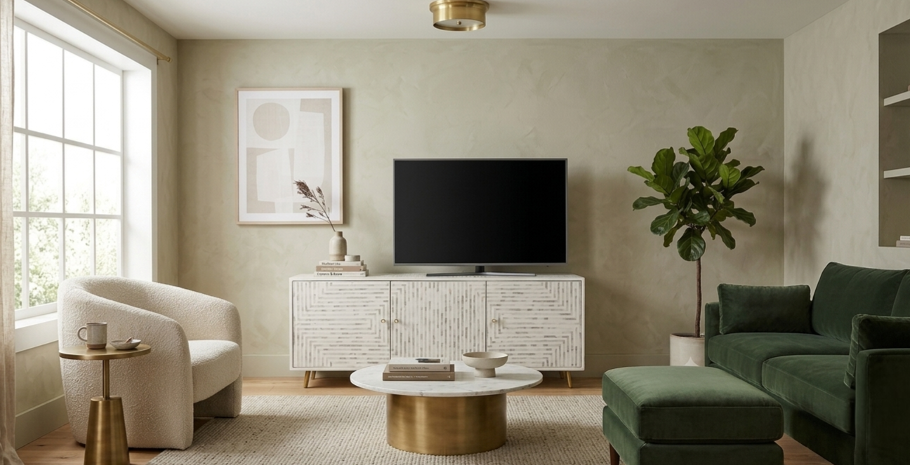 White Mother of Pearl Inlay 3 Door TV Unit Media Cabinet
