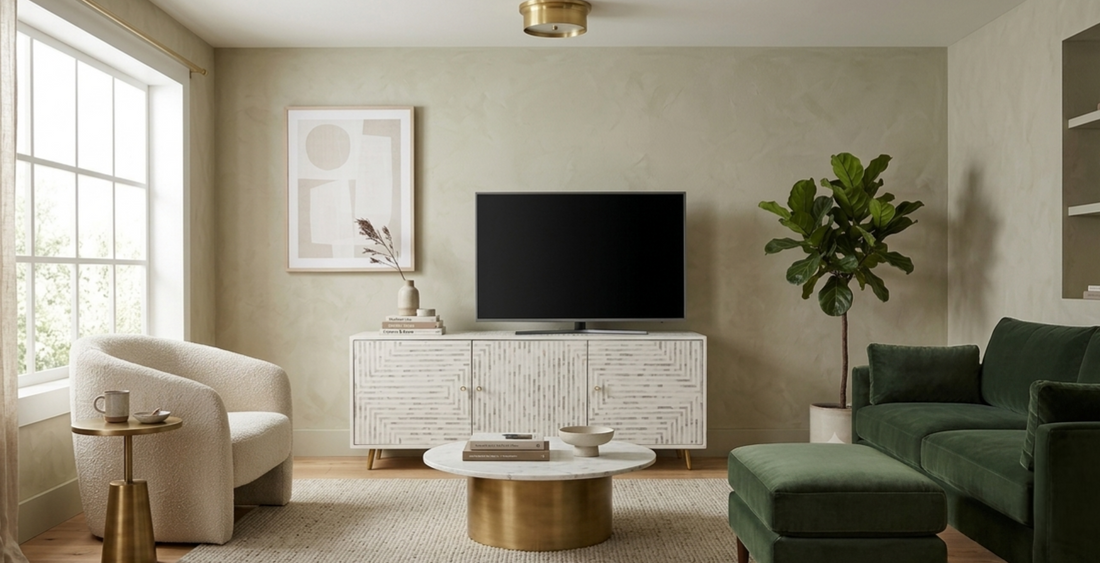 White Mother of Pearl Inlay 3 Door TV Unit Media Cabinet