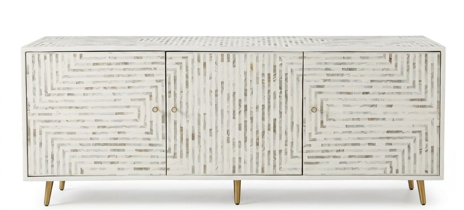 White Mother of Pearl Inlay 3 Door TV Unit Media Cabinet
