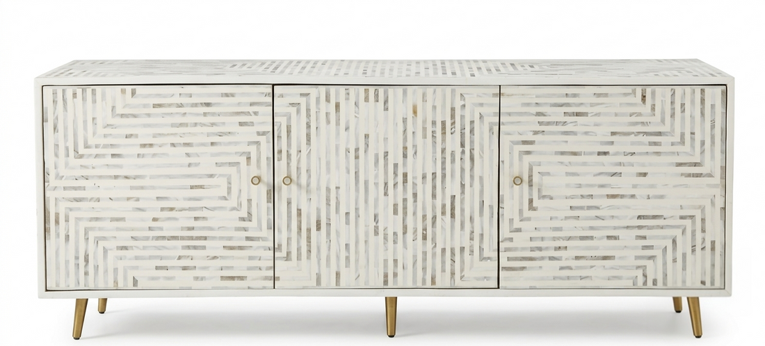 White Mother of Pearl Inlay 3 Door TV Unit Media Cabinet