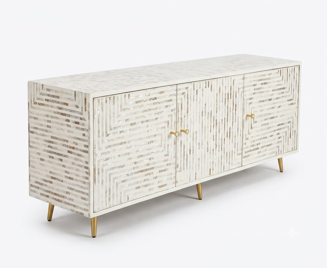 White Mother of Pearl Inlay 3 Door TV Unit Media Cabinet
