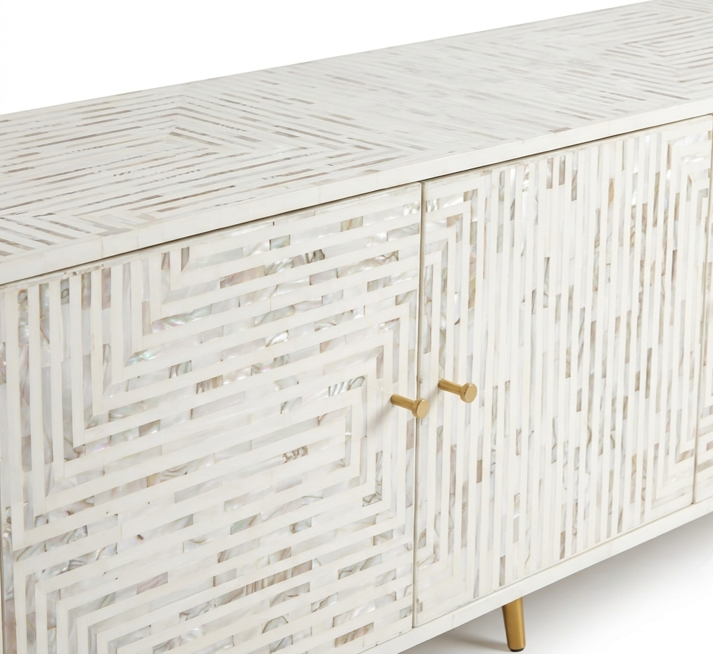 White Mother of Pearl Inlay 3 Door TV Unit Media Cabinet