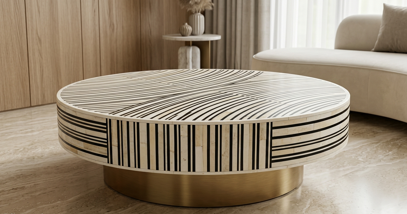 Black & White Bone Inlay Round Coffee Table with Brass Base