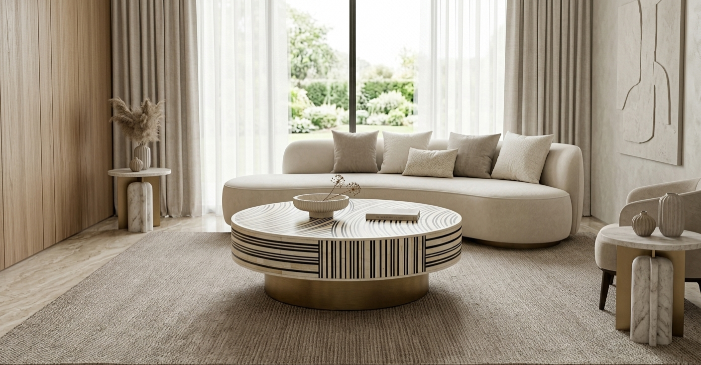 Black & White Bone Inlay Round Coffee Table with Brass Base