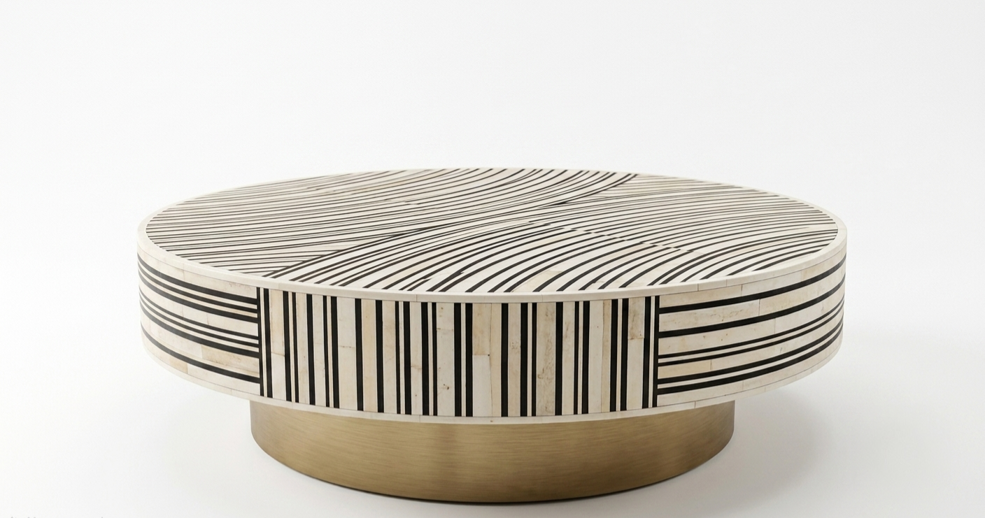 Black & White Bone Inlay Round Coffee Table with Brass Base